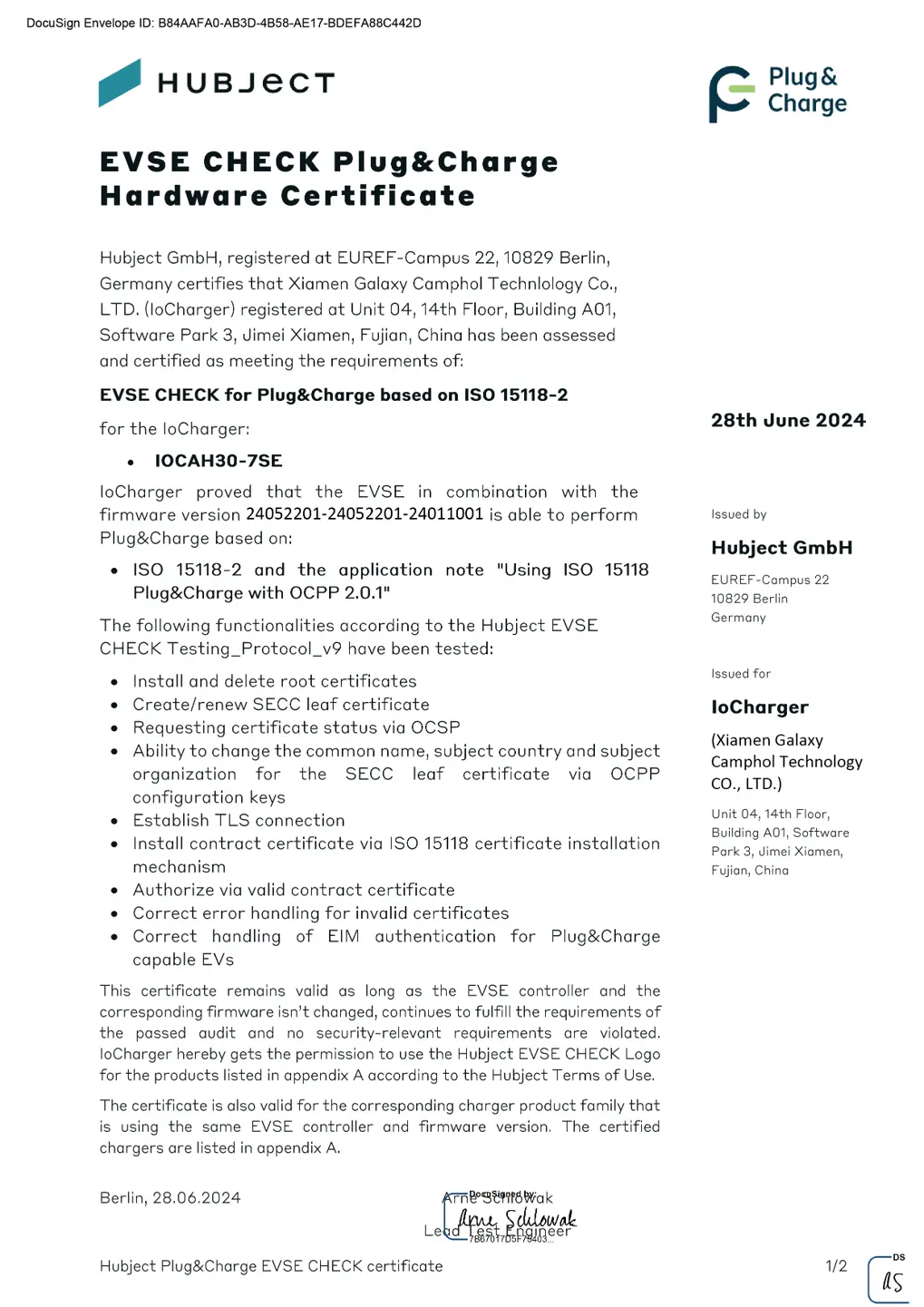 EVSE CHECK Plug&Charge Hardware Certificate