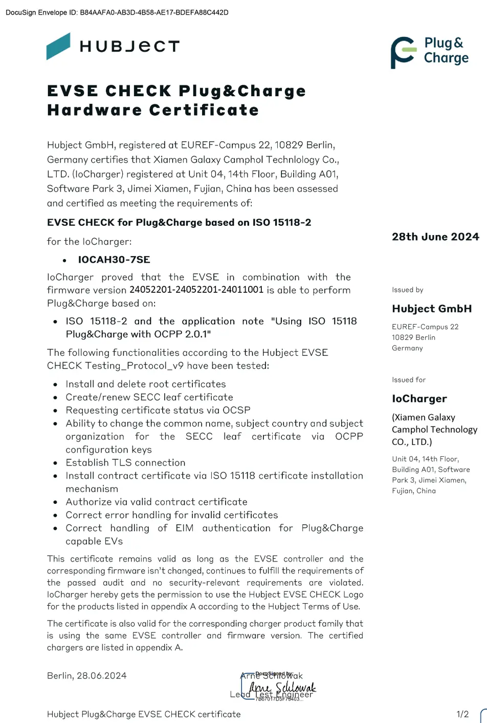EVSE CHECK Plug&Charge Hardware Certificate